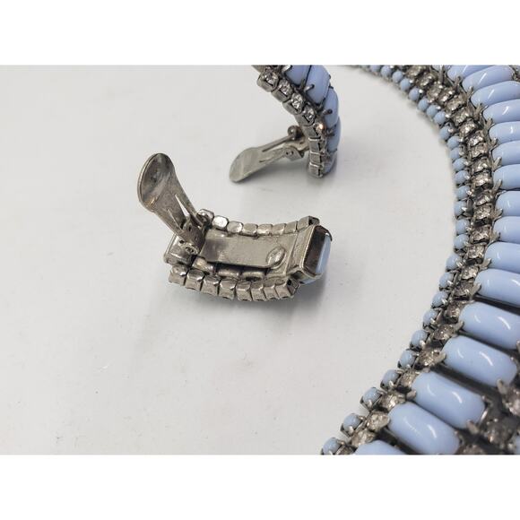 Vintage Blue Milk Glass Rhinestone Bracelet Clip On Earrings Set 1950s Milkglass - Picture 5 of 6